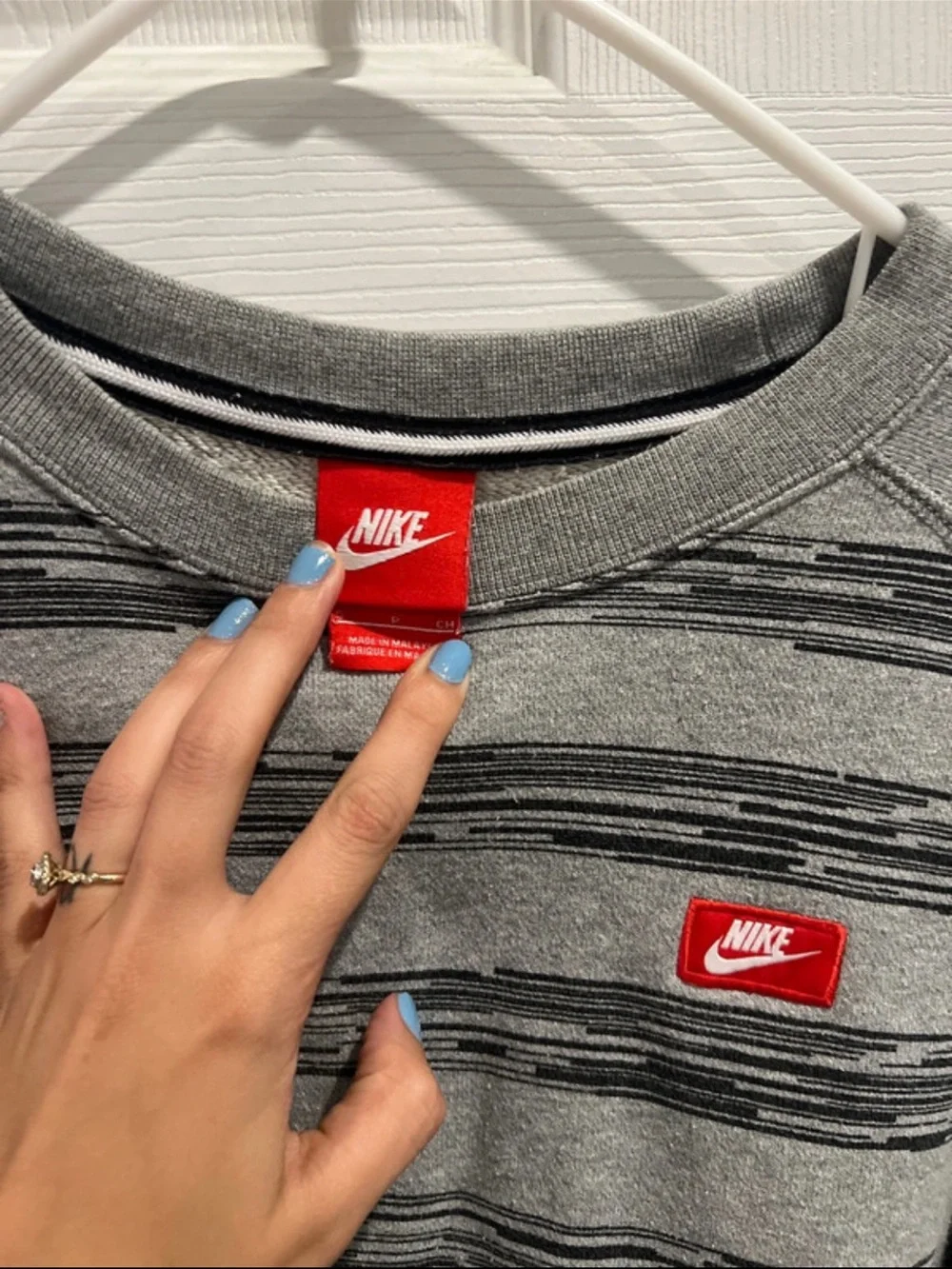 Nike Woman’s Gray Striped Crewneck Sweater